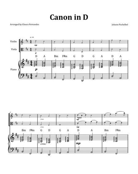 Canon by Pachelbel - Violin and Viola Duet with Piano and Chord Notation image number null