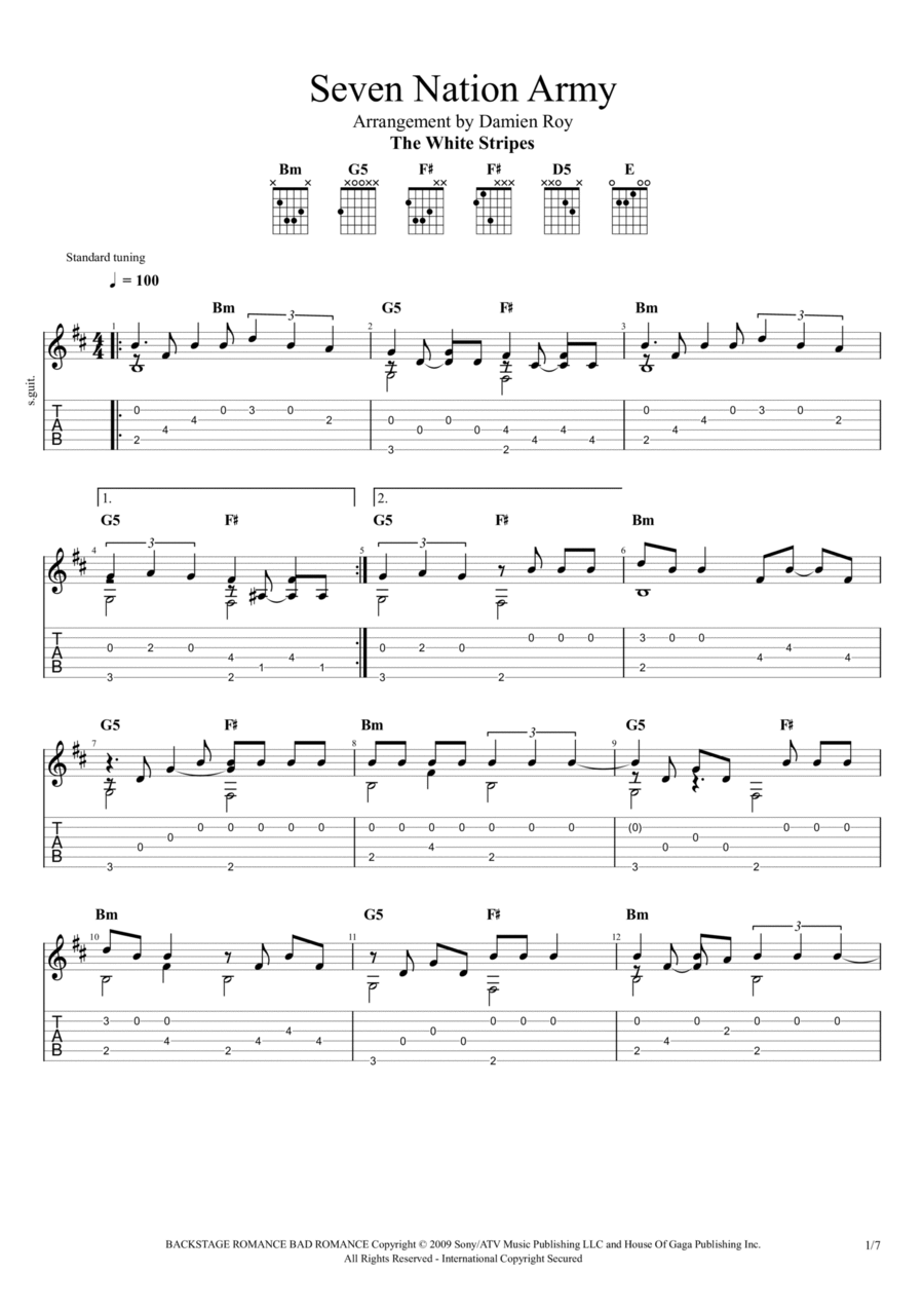 Seven Nation Army Guitar Tablature scores gallery preview page 1