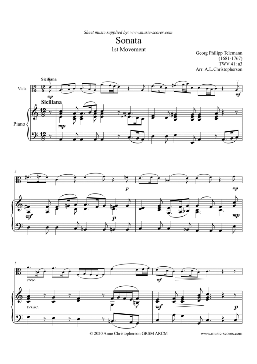 Telemann Sonata in A Minor TWV 41:a3, 1st Movement: Siciliano - Viola and Piano image number null