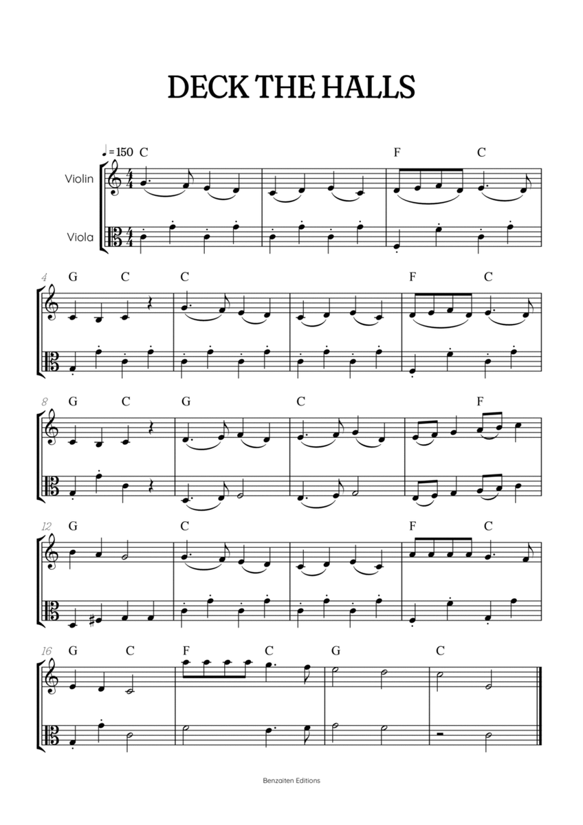 Deck the Halls for violin and viola duet • easy Christmas song sheet music w/ chords image number null