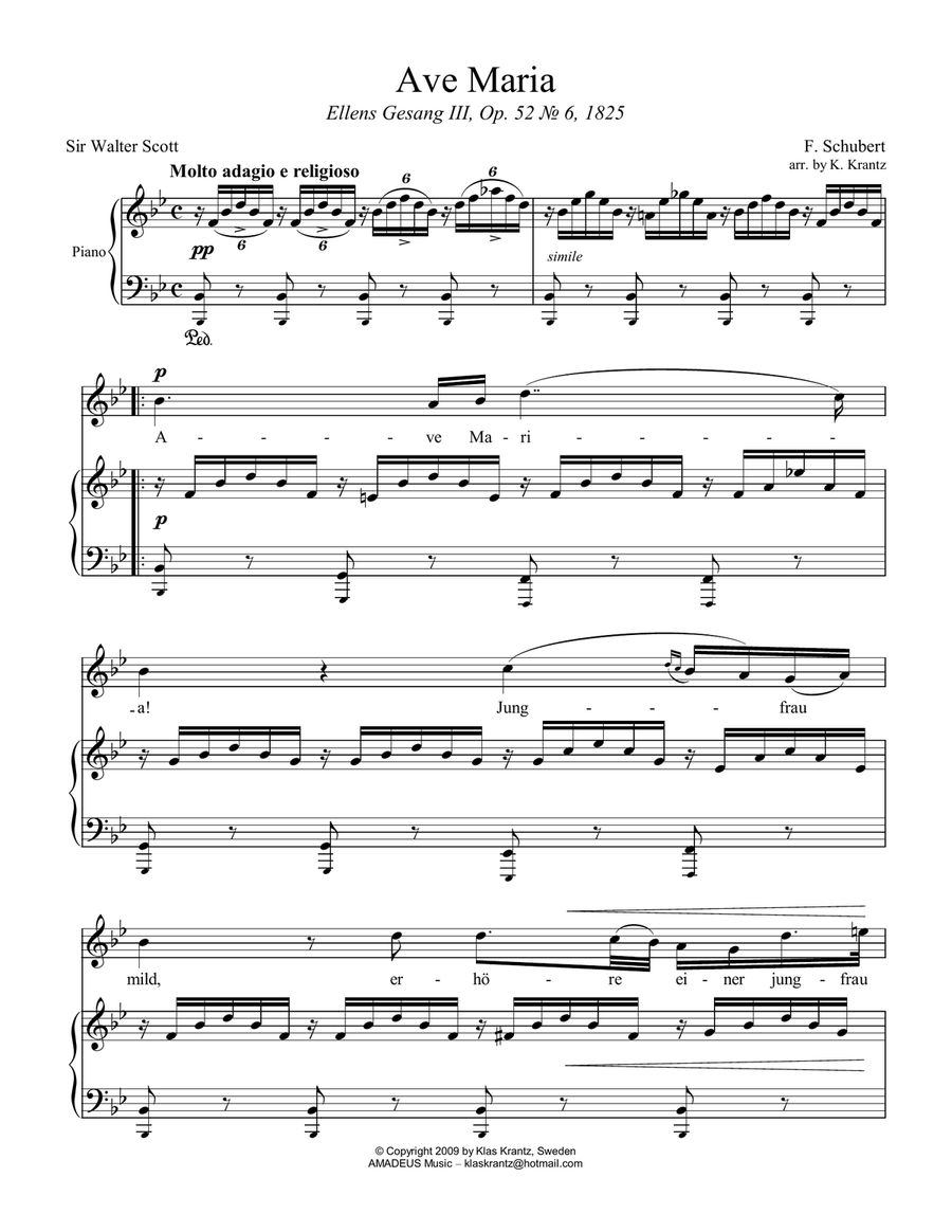 Ave Maria (Schubert) for voice and easy piano (Bb Major) Piano, Vocal scores gallery preview page 1