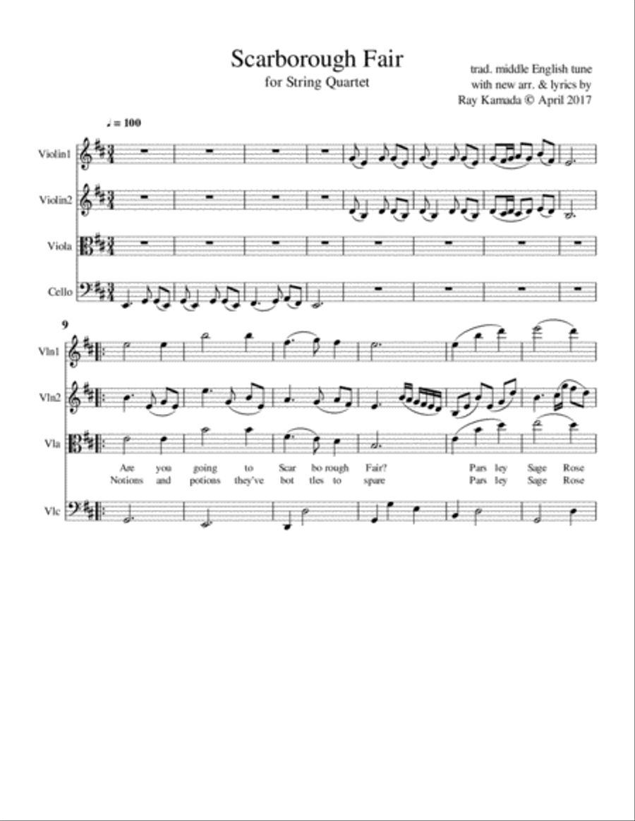 Scarborough Fair, for String Quartet String Quartet scores gallery preview page 1