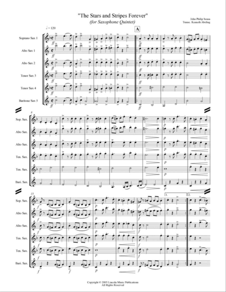March - The Stars and Stripes Forever (for Saxophone Quintet SATTB or AATTB) Saxophone Quintet scores gallery preview page 2