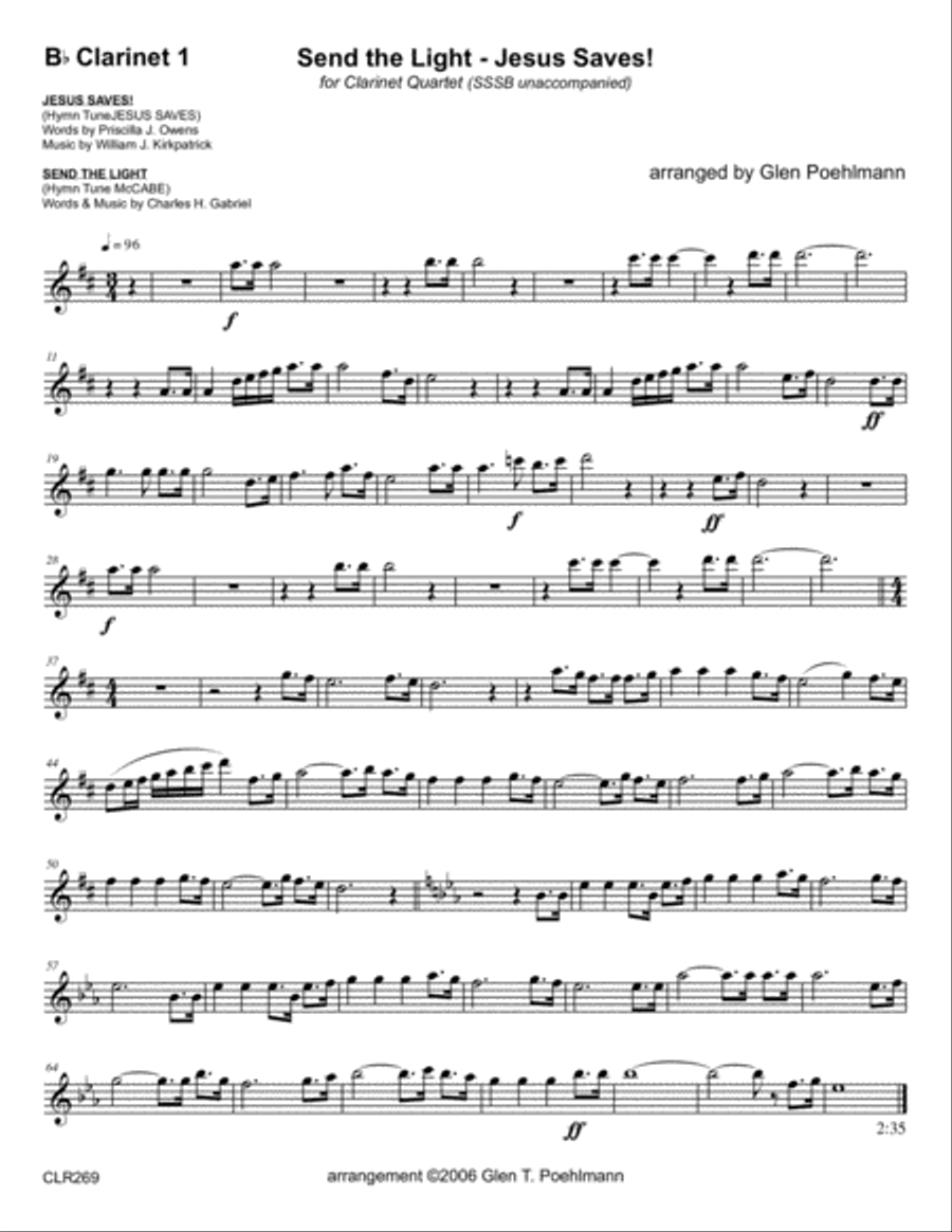 SEND THE LIGHT with JESUS SAVES - CLARINET QUARTET (unaccompanied) Clarinet Quartet scores gallery preview page 5