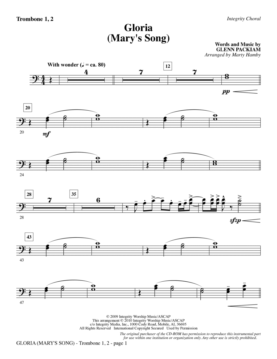 Gloria (Mary's Song) - Trombone 1 & 2 Choir scores gallery preview page 1
