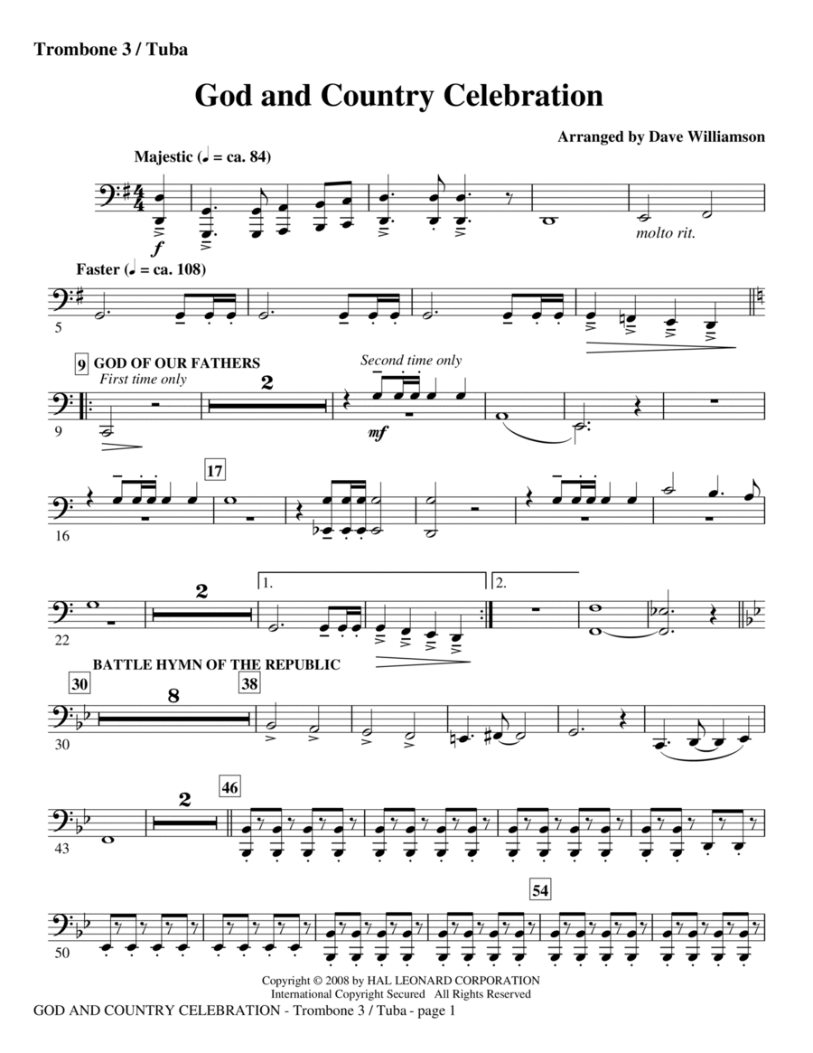 God And Country Celebration (Medley) - Trombone 3/Tuba Choir scores gallery preview page 1