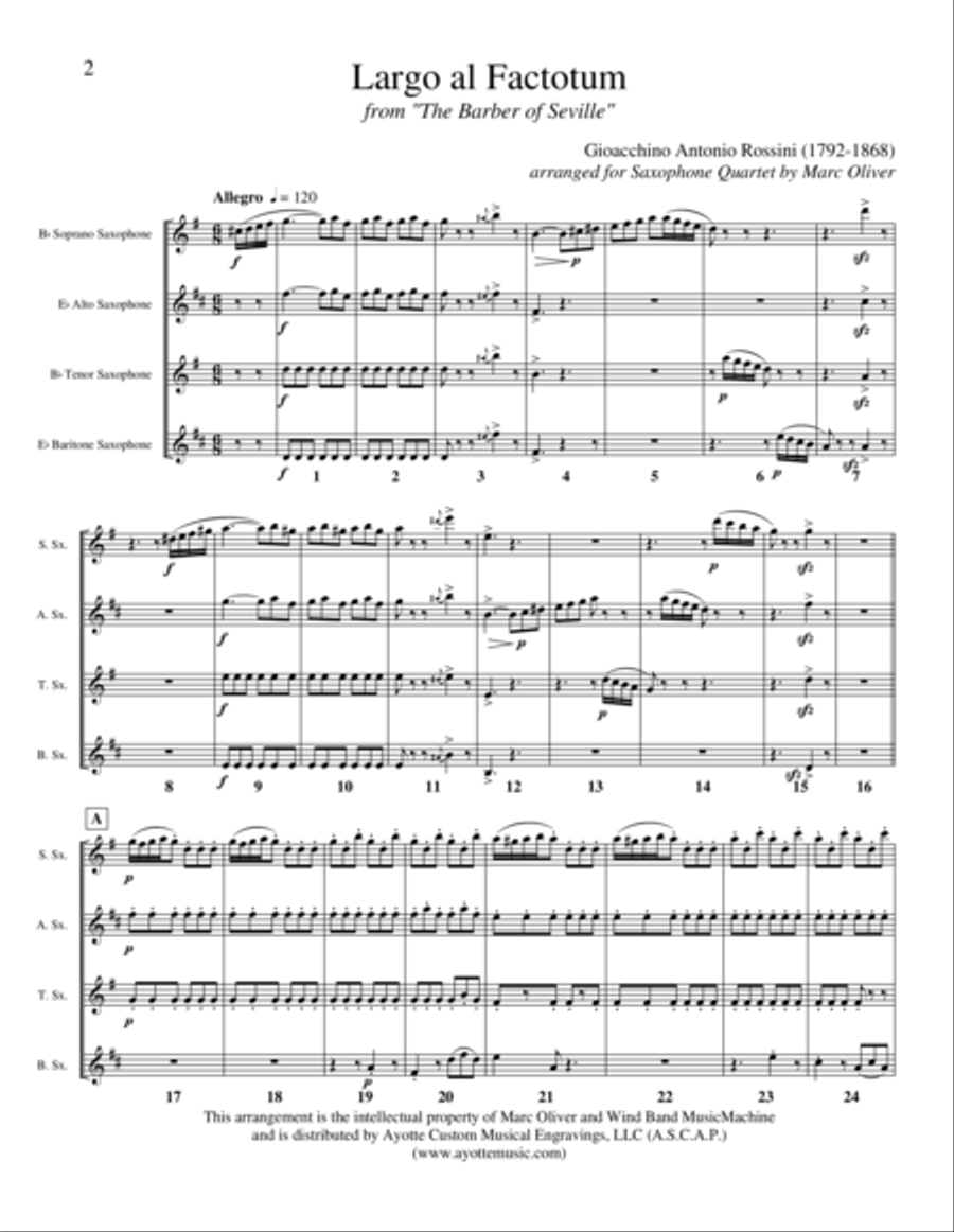 Largo al Factotum (from the Barber of Seville), transcribed for Saxophone Quartet Saxophone Quartet scores gallery preview page 1