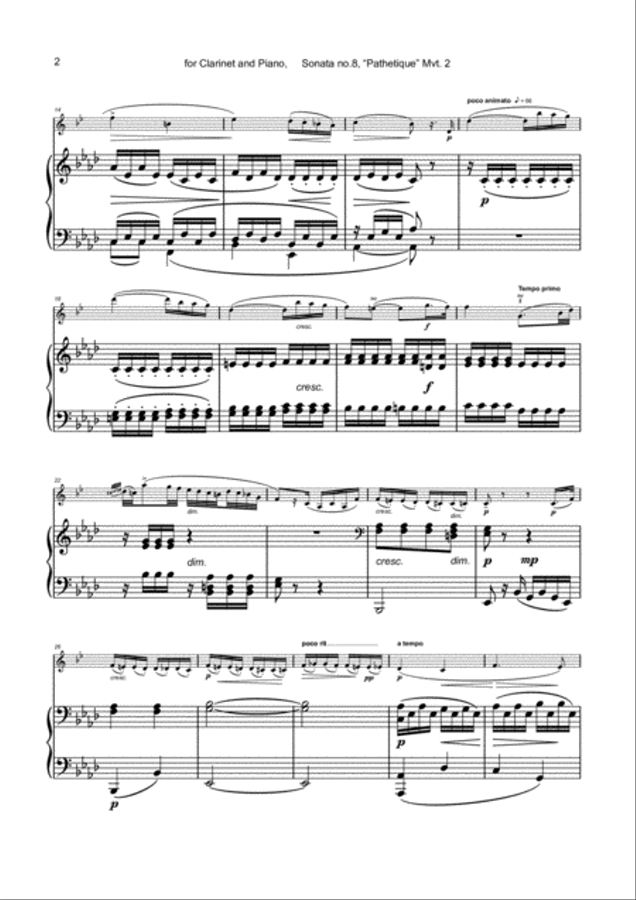 Sonata Pathetique, Adagio Cantabile, by Beethoven, for Clarinet and Piano Clarinet Solo scores gallery preview page 3