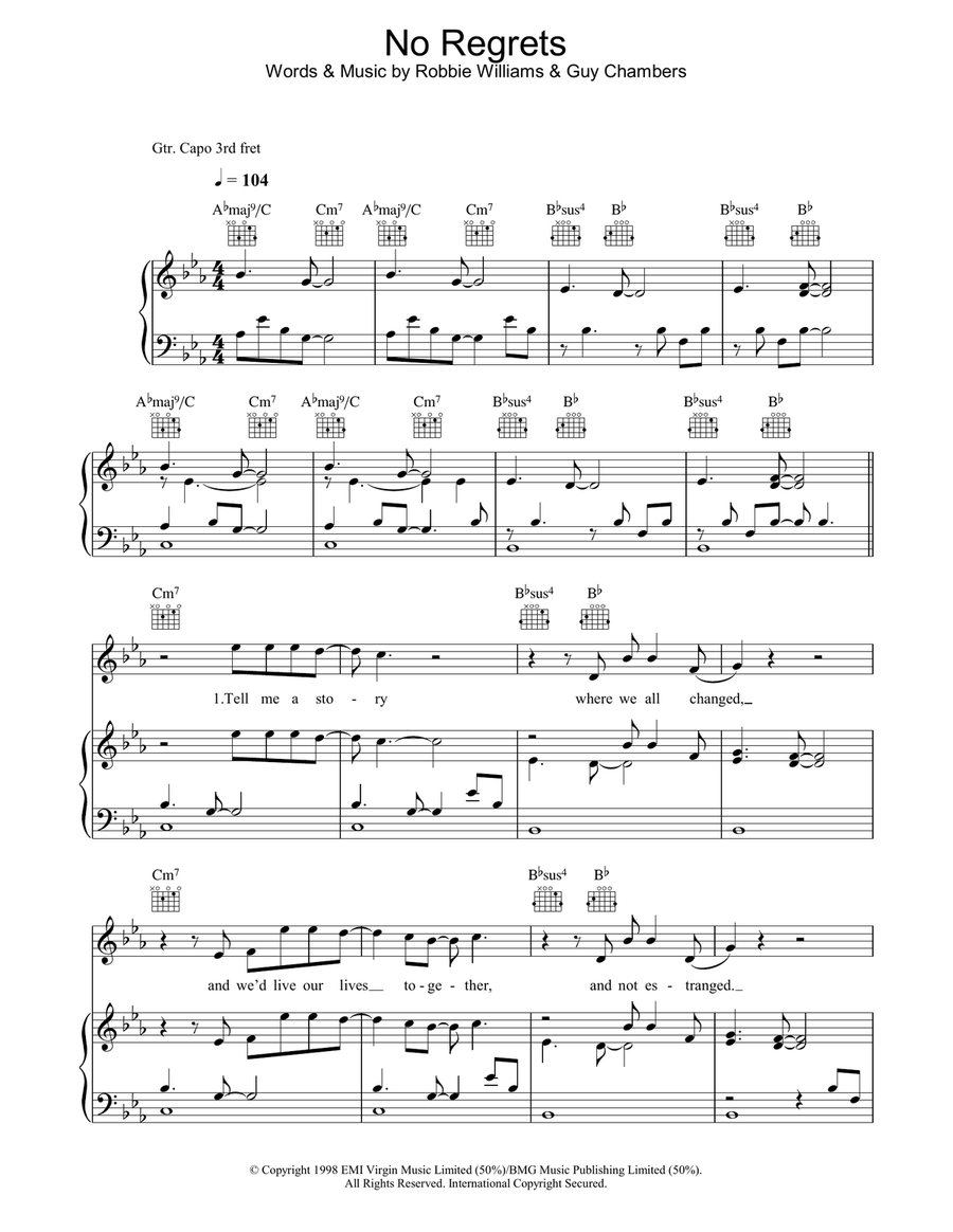 No Regrets Piano, Vocal, Guitar scores gallery preview page 1