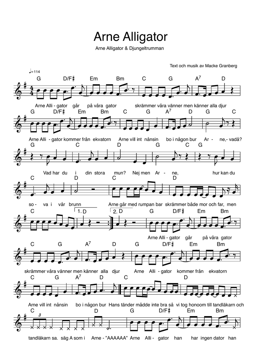 Arne Alligator (G -dur) - Arne Alligator & Djungeltrumman Guitar scores gallery preview page 1