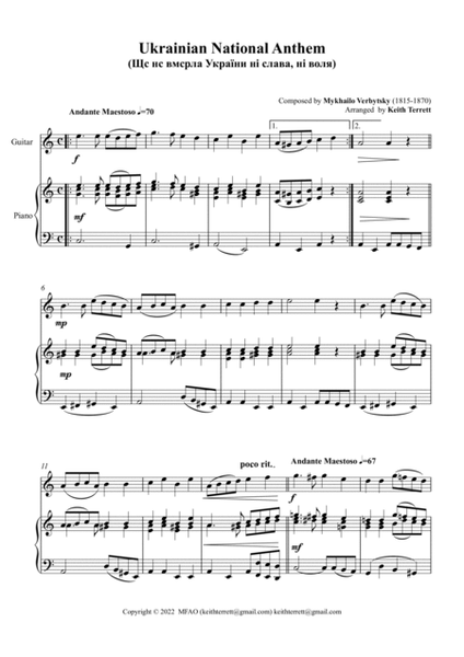 Ukrainian National Anthem for Guitar (Notation) & Piano MFAO World National Anthem Series image number null