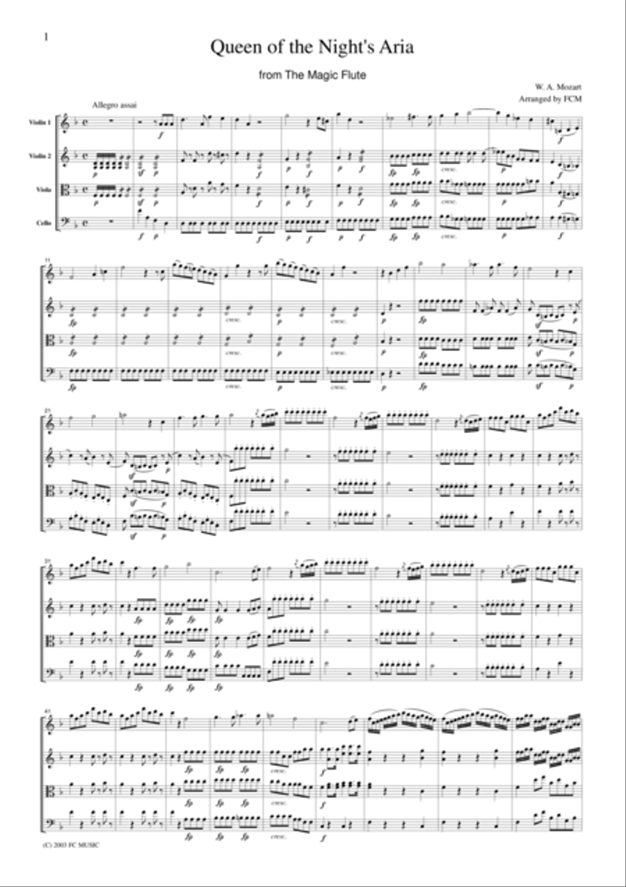Mozart Queen of the Night's Aria from The Magic Flute, for string quartet, CM006 String Quartet scores gallery preview page 1