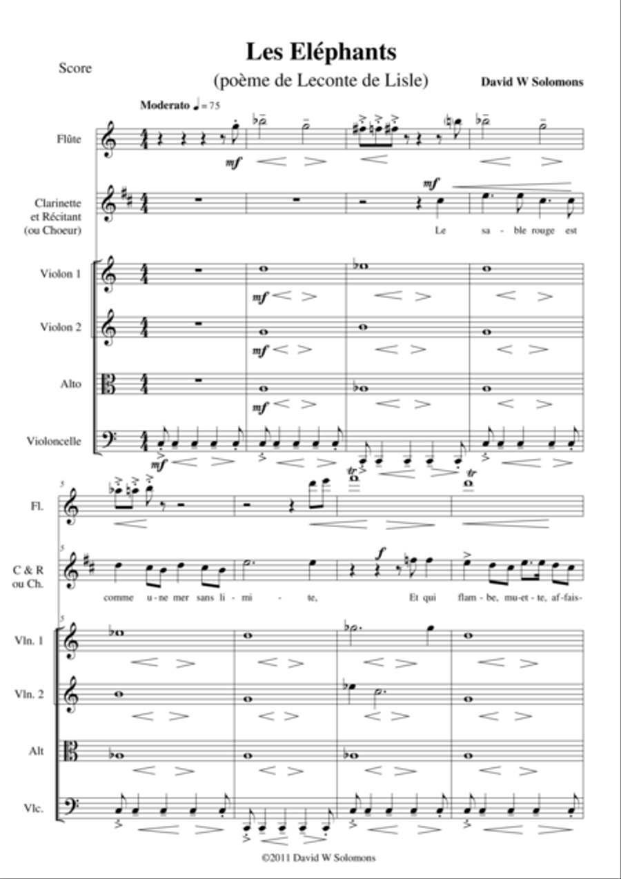 Les Eléphants (The Elephants) for voice, clarinet, flute and string quartet Choir scores gallery preview page 1