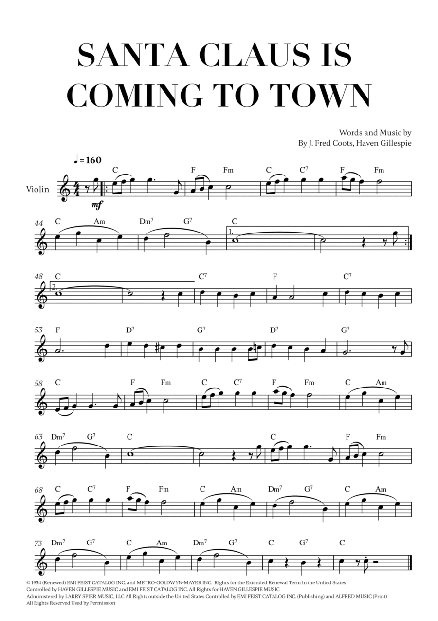 Santa Claus Is Comin' To Town Violin Solo scores gallery preview page 1