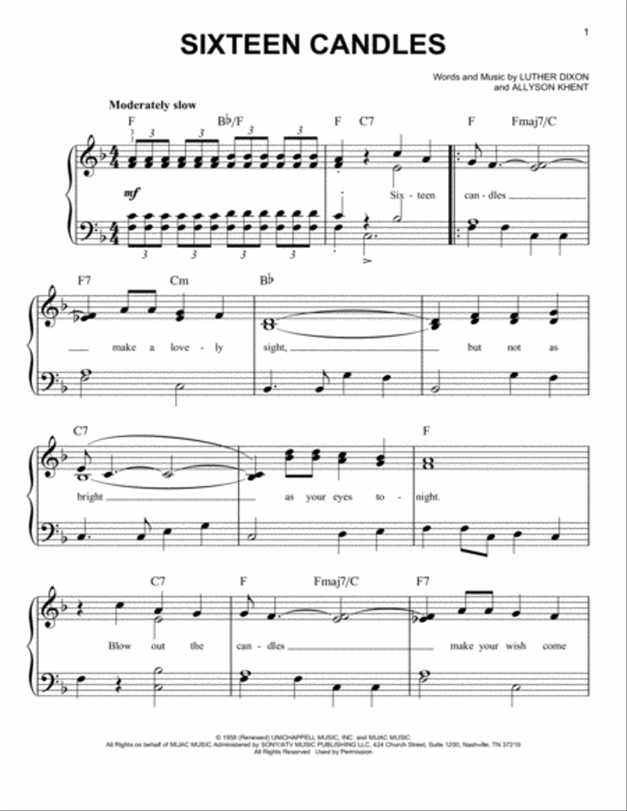 Sixteen Candles Easy Piano scores gallery preview page 1