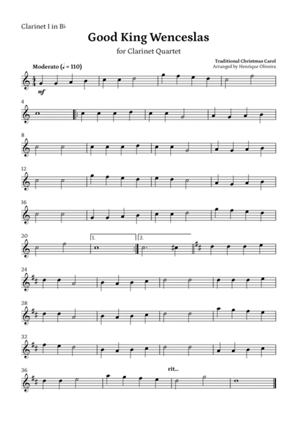 5 Christmas Carols (Clarinet Quartet) - Easy Intermediate Level image number null