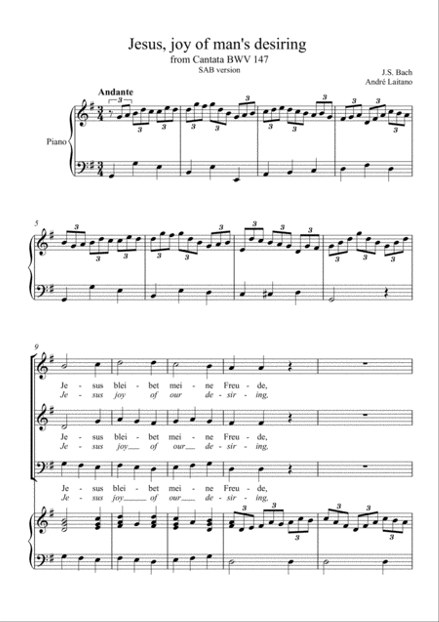 Johann Sebastian Bach - Jesus, joy of man's desiring (SAB Choir + Easy Piano ) 3-Part scores gallery preview page 1