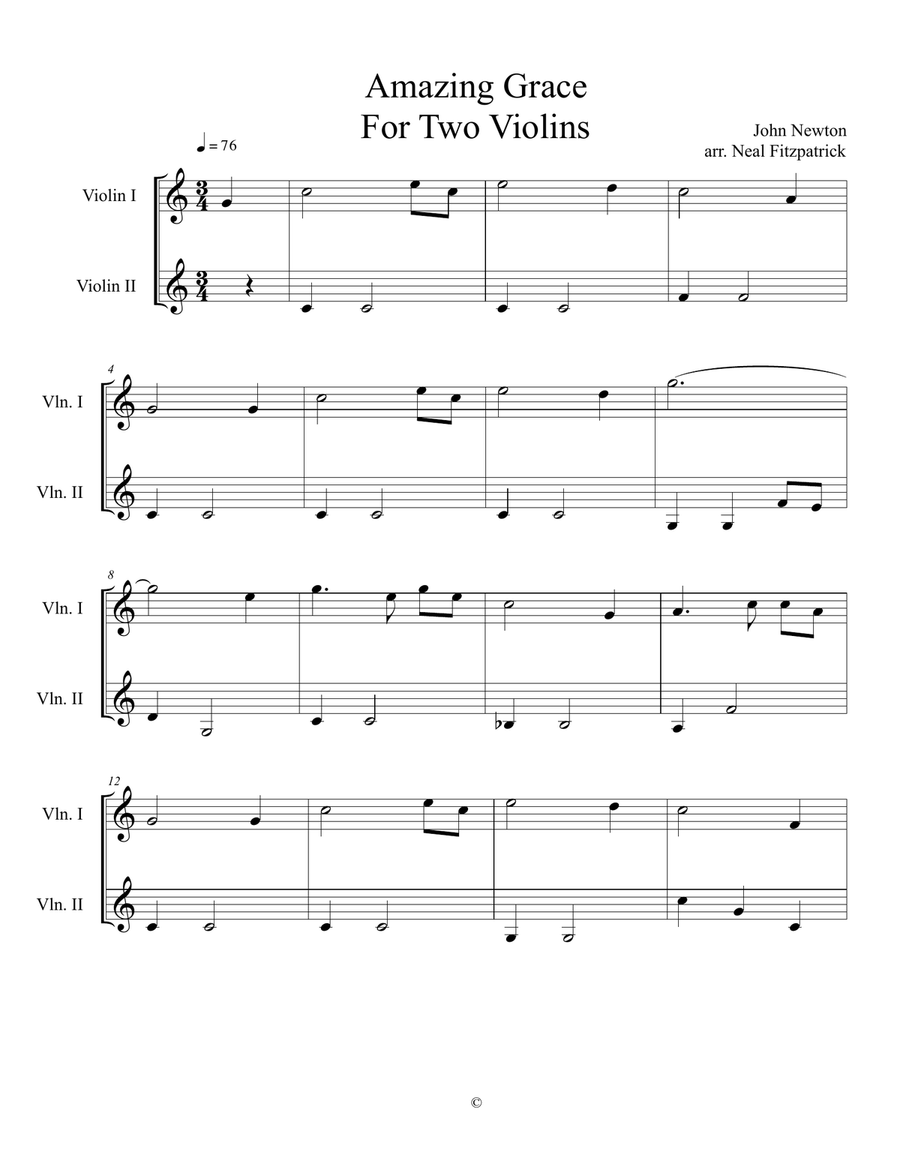 Amazing Grace For Two Violins String Duet scores gallery preview page 1