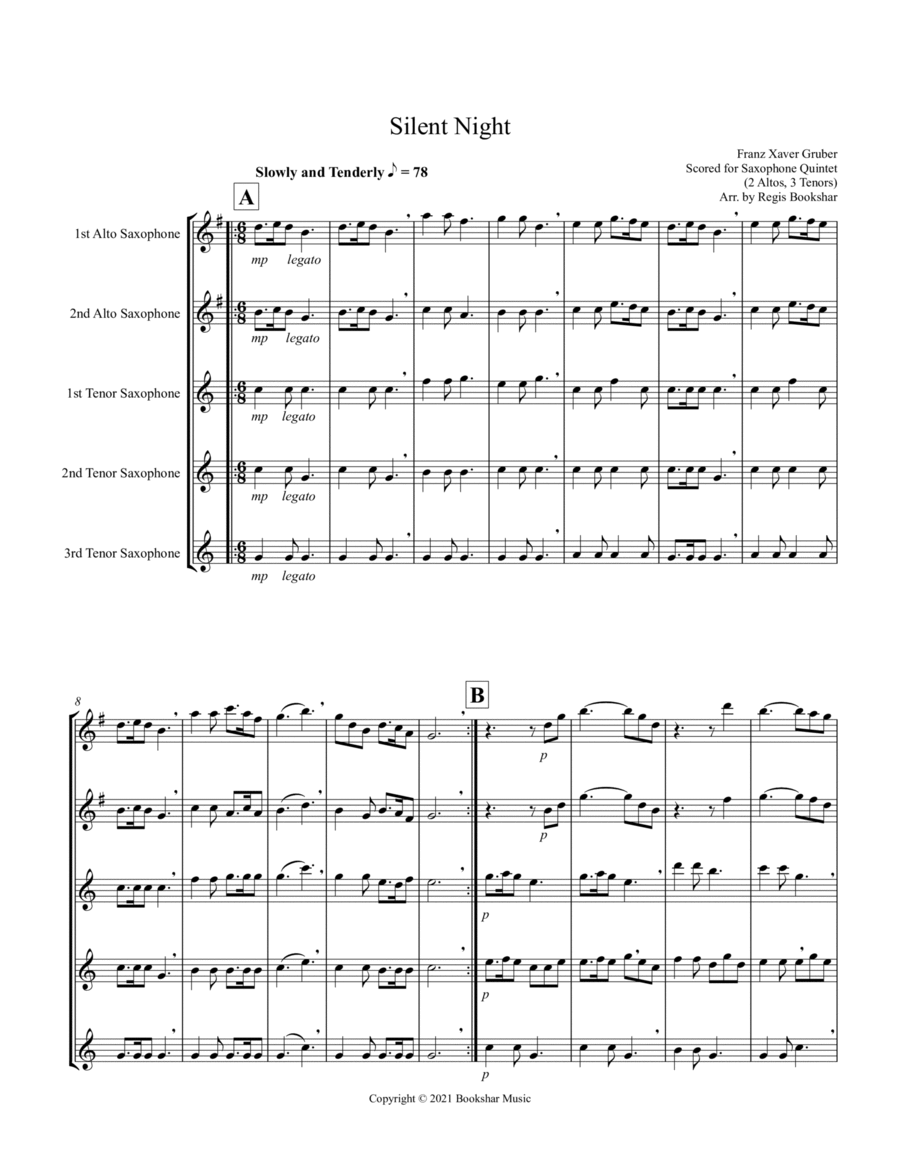 Silent Night (Bb) (Saxophone Quintet - 2 Alto, 3 Tenor)