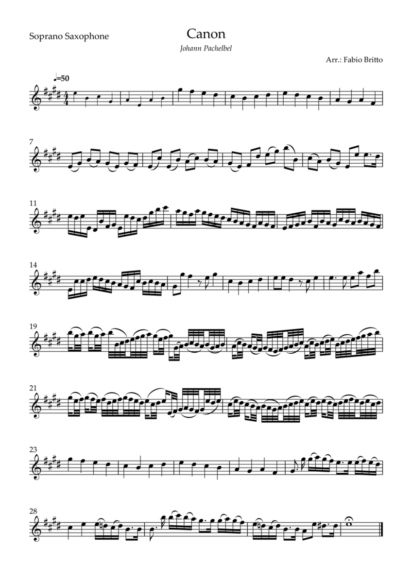 Canon - Johann Pachelbel (Wedding/Reduced Version) for Soprano Saxophone Solo
