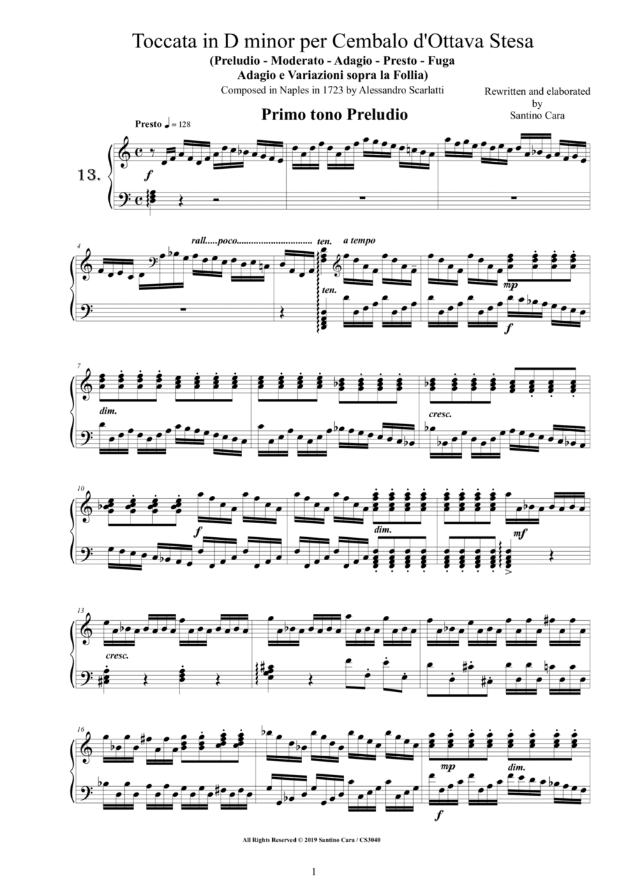 Scarlatti A - Toccata No.13 in D minor d-Ottava Stesa for Cembalo or Piano Harpsichord scores gallery preview page 1