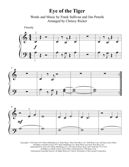 Eye of the Tiger - pre-reading piano with note names image number null
