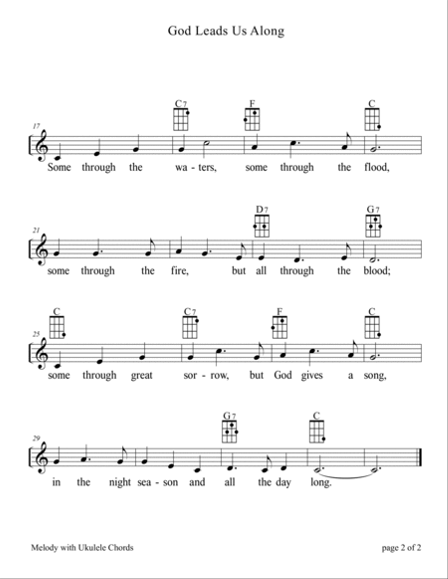 God Leads Us Along for Ukulele (Chords, TAB, Melody, and Lyrics, optional Piano Accompaniment) High Voice scores gallery preview page 6