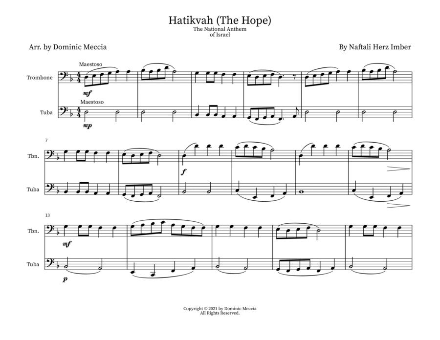 Hatikvah (The Hope) The National Anthem of Israel- Tromobone and Tuba Duet Brass Duet scores gallery preview page 1