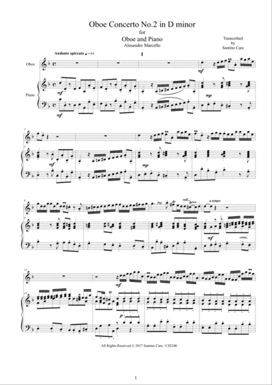 Marcello - Oboe concerto in D minor for Oboe and Piano Piano scores gallery preview page 1
