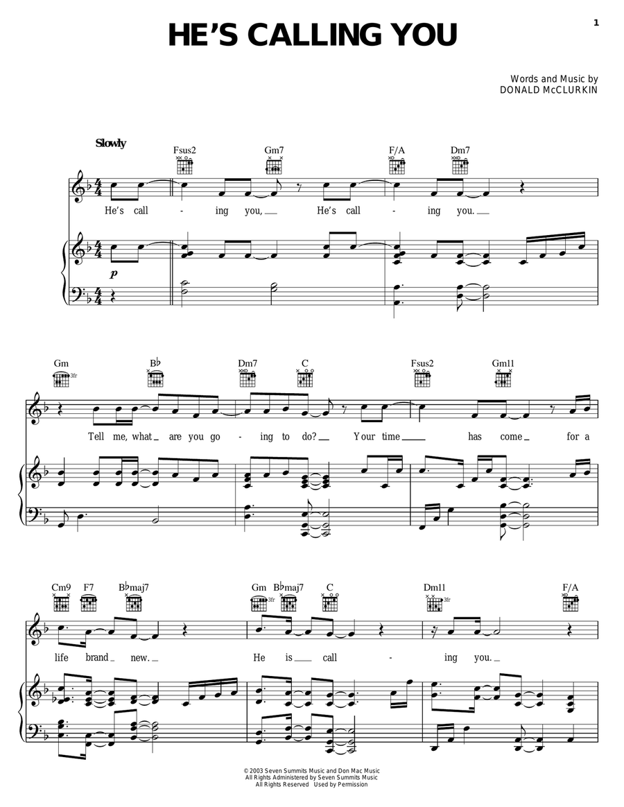 He's Calling You Piano, Vocal, Guitar scores gallery preview page 1
