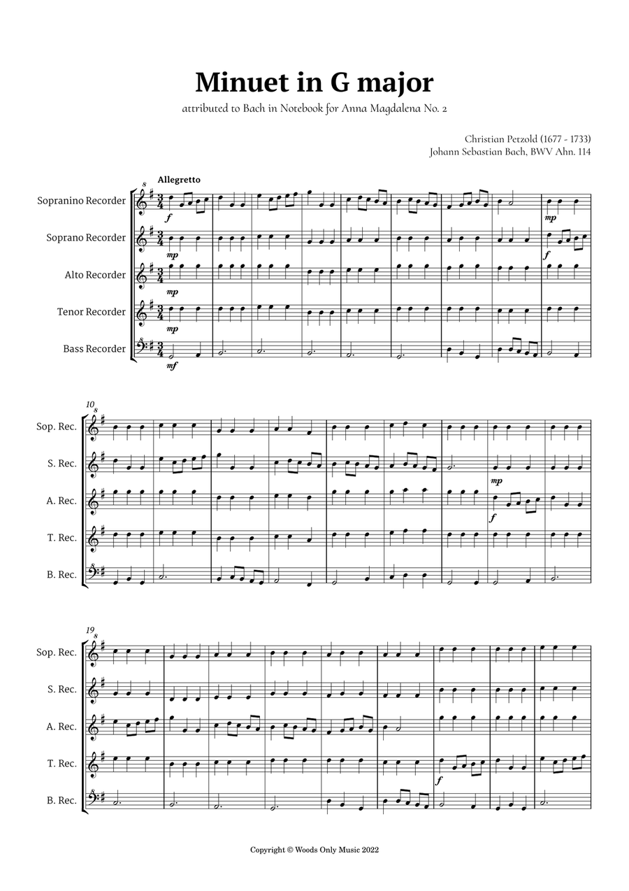Minuet in G major by Bach for Recorder Choir Quintet Woodwind Quintet scores gallery preview page 2
