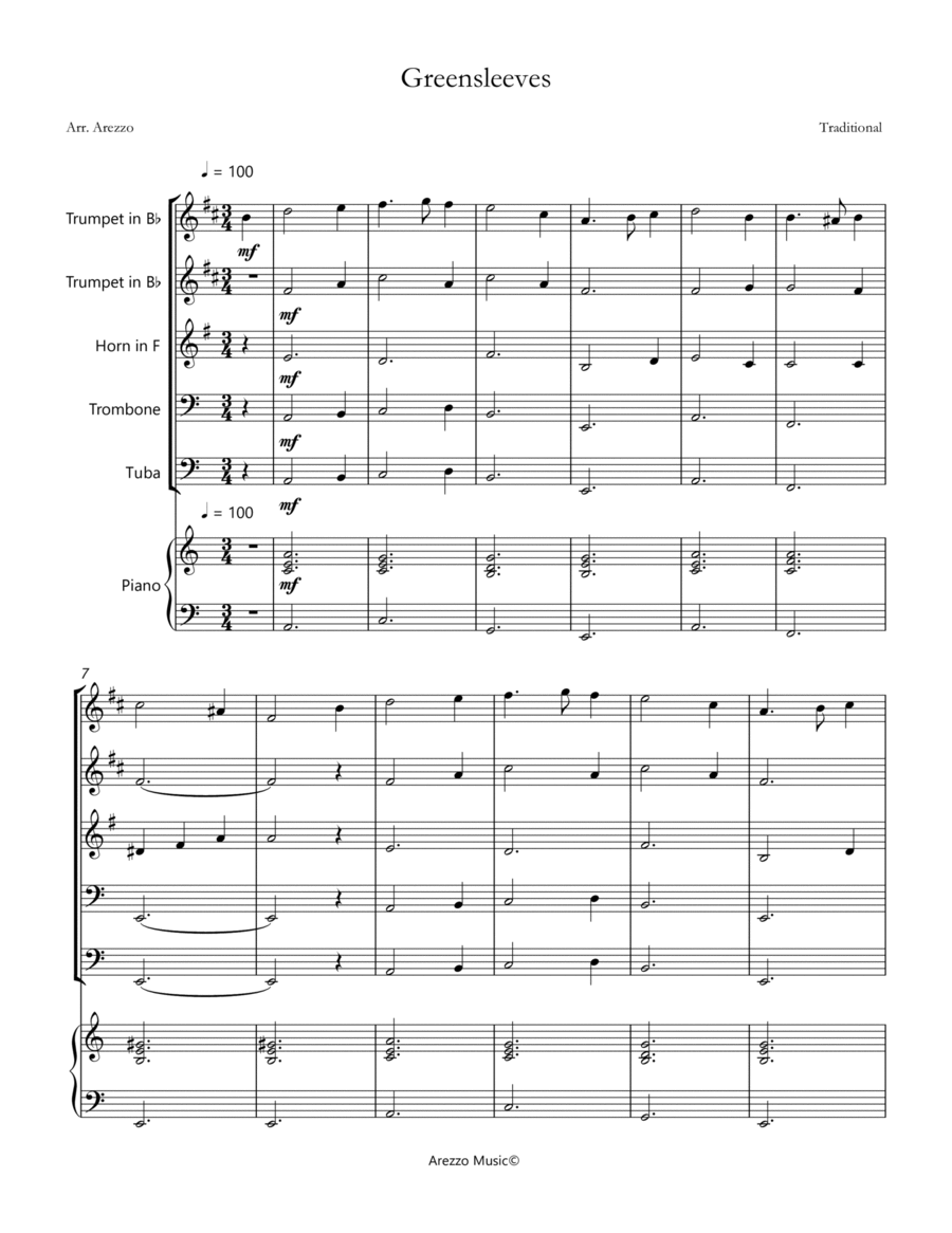 greensleeves brass quintet and piano sheet music image number null