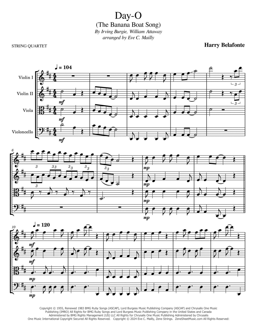 Day-o (the Banana Boat Song) String Quartet scores gallery preview page 1
