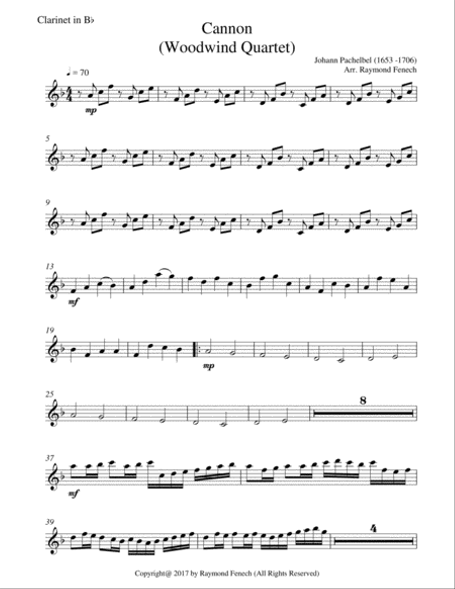 Canon - Pachebel (Oboe; Flute; B Flat Clarinet and Bassoon) Woodwind Quartet - Advanced Intermediate Woodwind Quartet scores gallery preview page 4