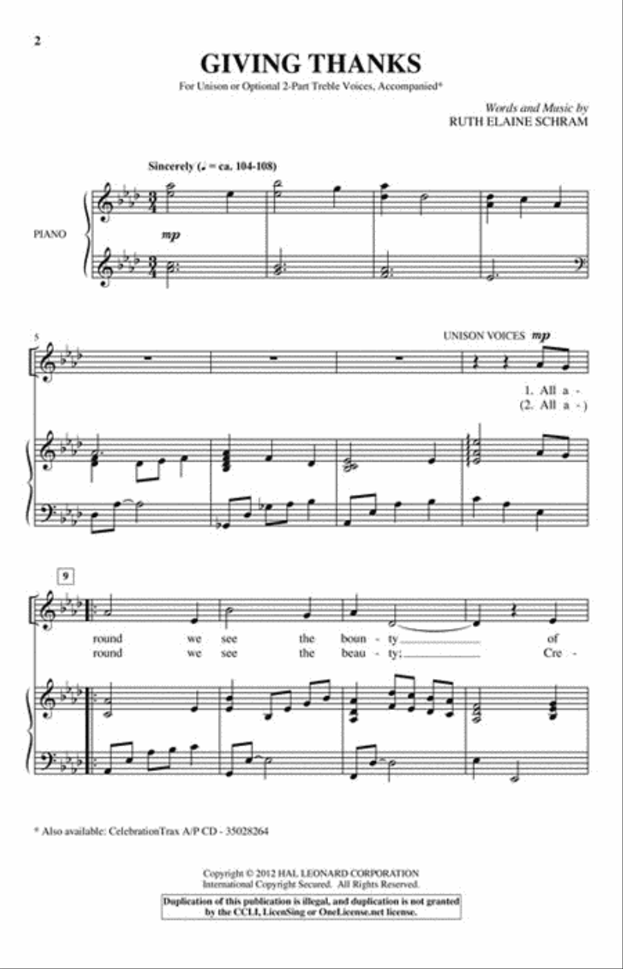 Giving Thanks Unison Choir scores gallery preview page 2
