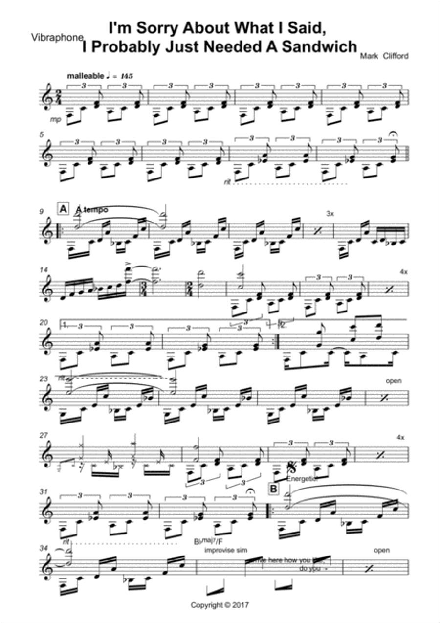 I'm Sorry About What I Said, I Probably Just Needed A Sandwich Vibraphone scores gallery preview page 1