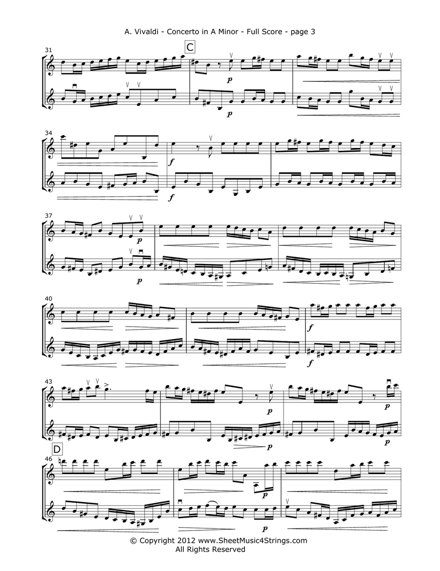 Vivaldi, A. - Concerto in A Minor Mvt. 1 for Two Violins String Duet scores gallery preview page 3