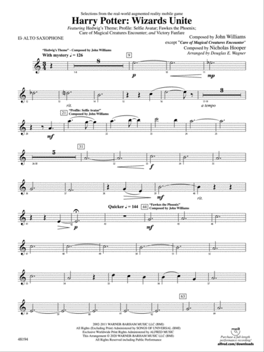 Harry Potter: Wizards Unite: E-flat Alto Saxophone Concert Band scores gallery preview page 1