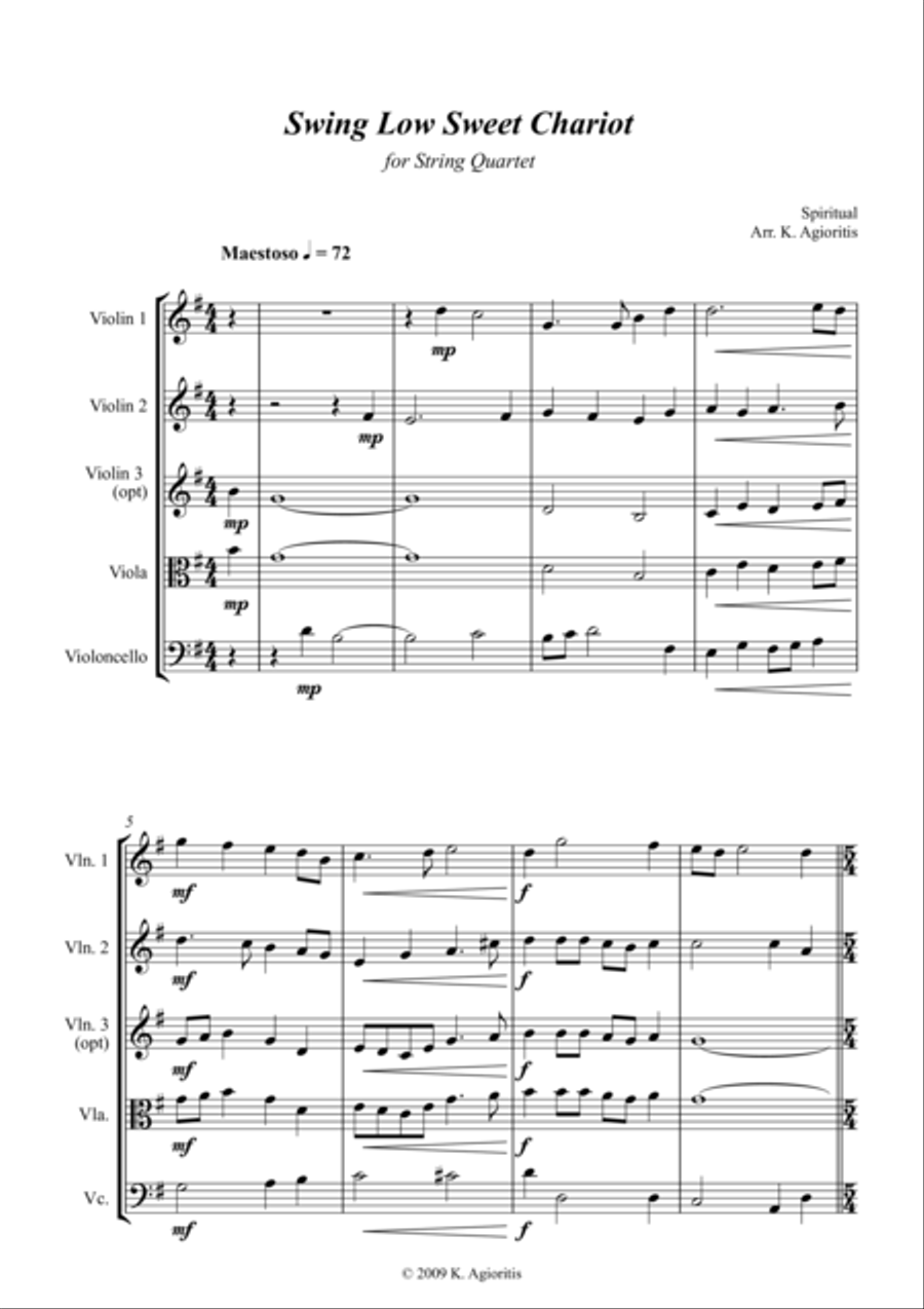 Swing Low, Sweet Chariot - a Jazz Arrangement - For String Quartet String Quartet scores gallery preview page 1