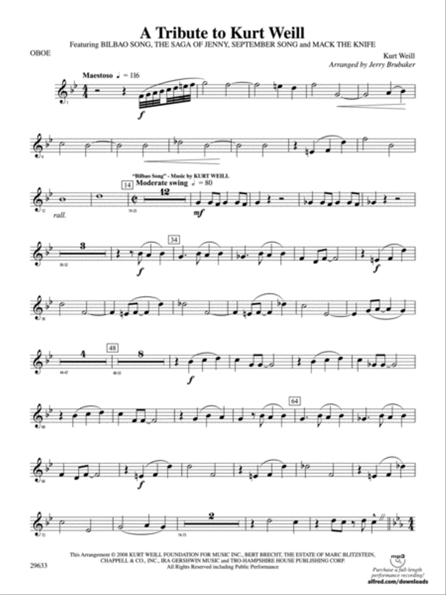 A Tribute to Kurt Weill: Oboe Concert Band scores gallery preview page 1