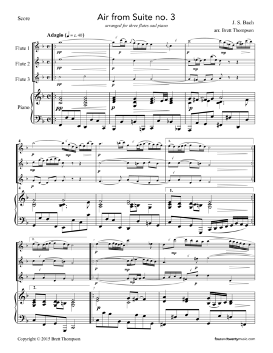 Air from Suite no 3, arranged for three flutes and piano Flute Solo scores gallery preview page 2