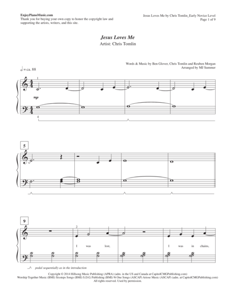 "Jesus Loves Me" by Chris Tomlin for Piano Solo at Early Intermediate Level