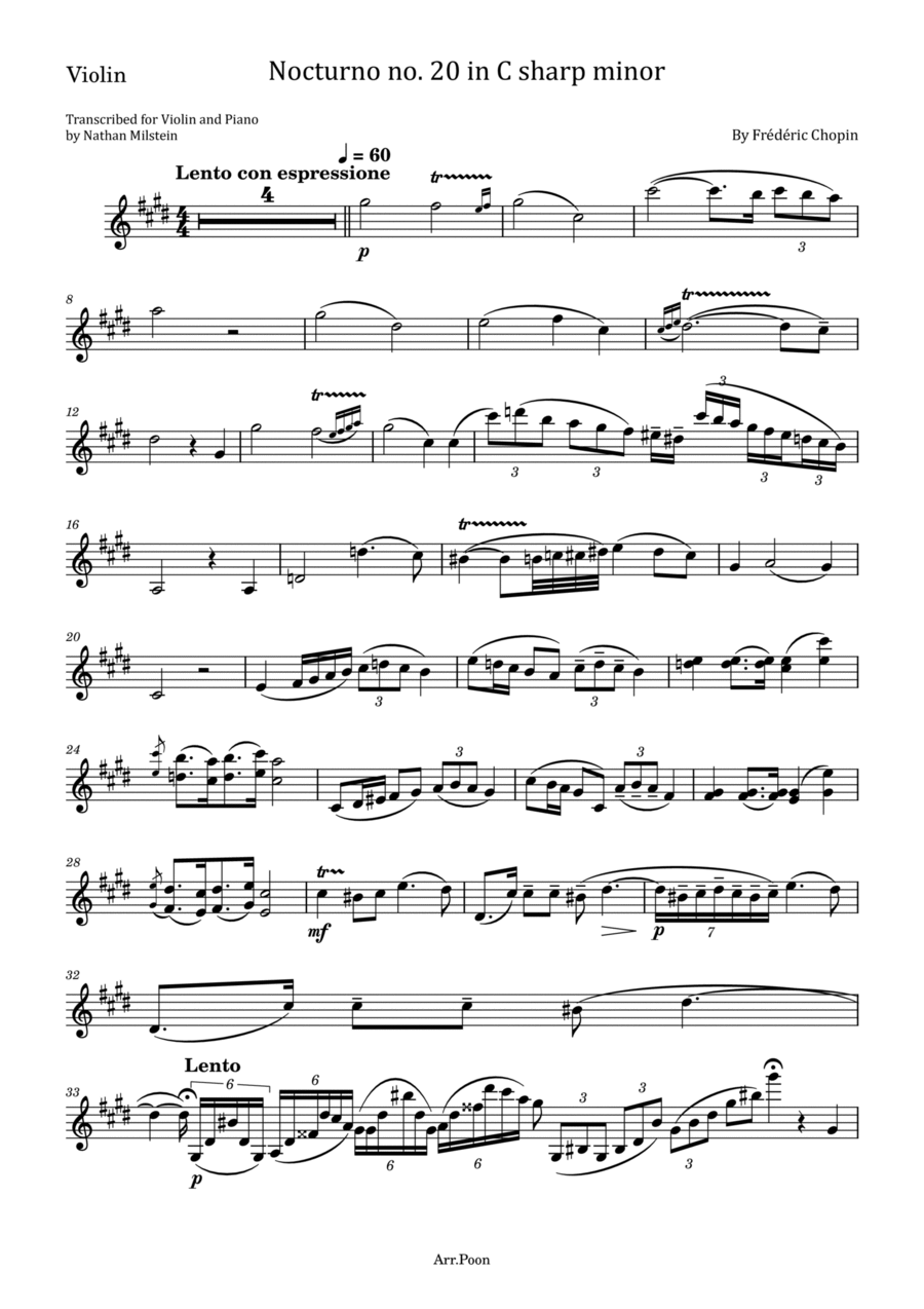 Chopin Nocturne No.20 in C-sharp minor B.49 - For Violin Solo Original Violin Solo scores gallery preview page 1