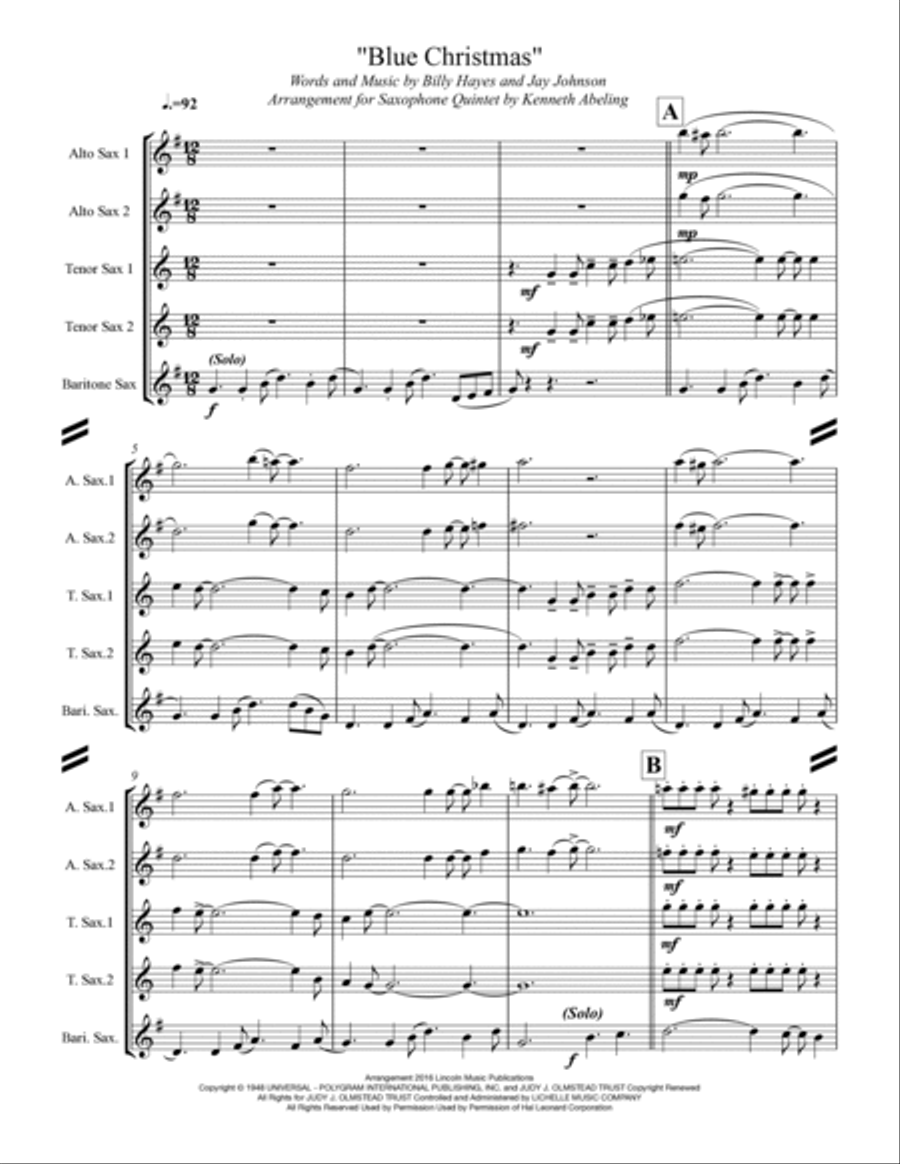 Blue Christmas Saxophone Quintet scores gallery preview page 2
