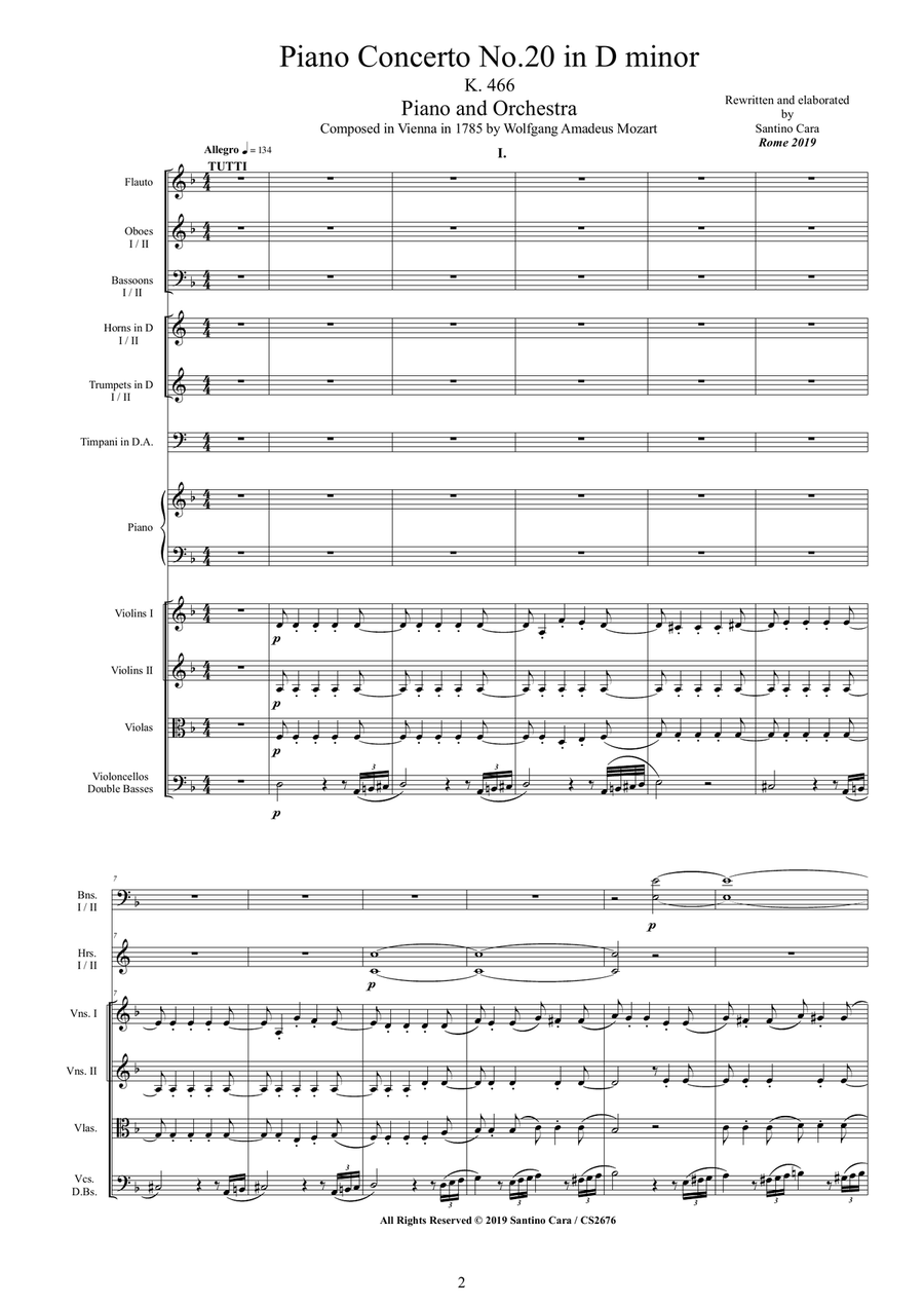 Mozart - Piano Concerto No.20 in D minor K 466 for Piano and Orchestra String Orchestra scores gallery preview page 2