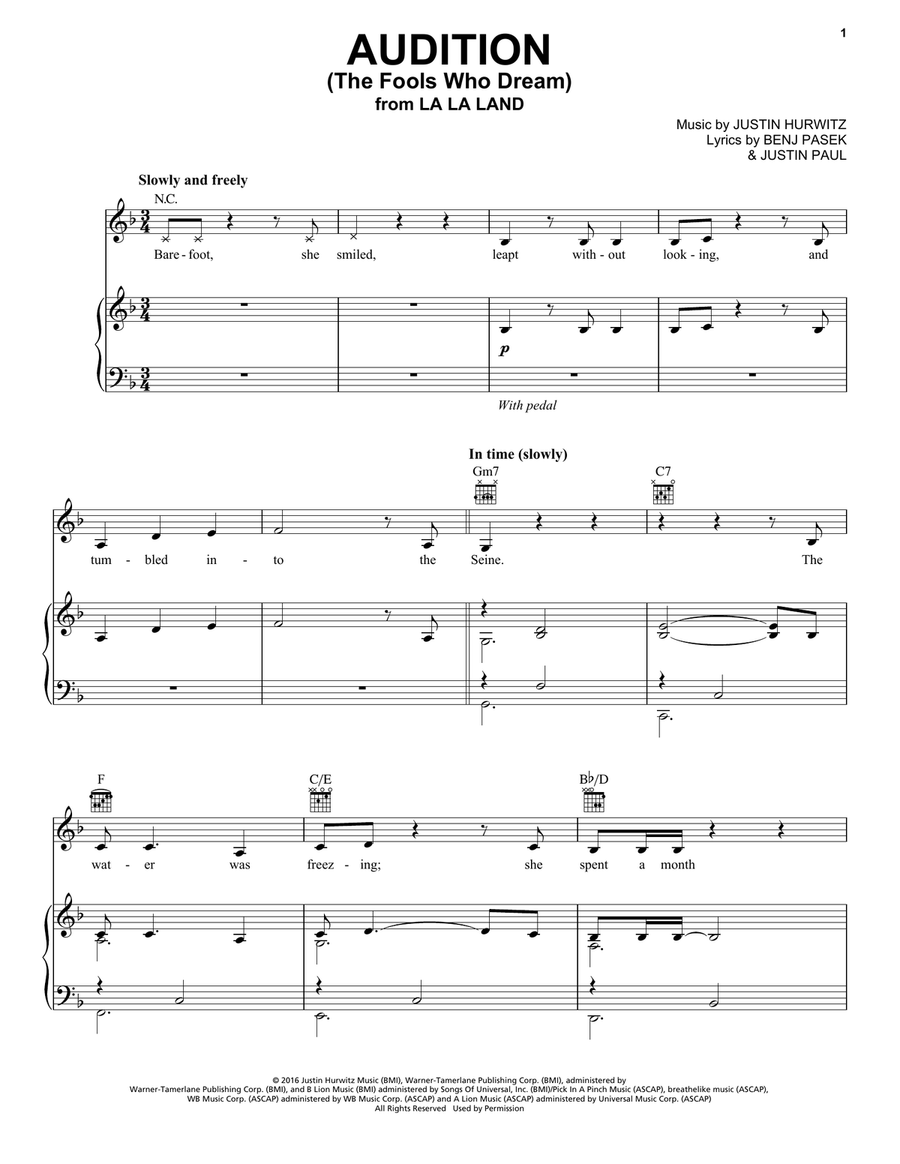 Audition (The Fools Who Dream) (from La La Land) Piano, Vocal, Guitar scores gallery preview page 1