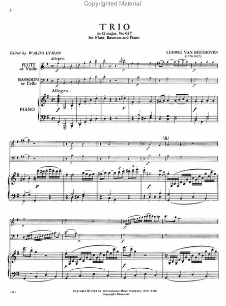 Trio In G Major, Woo 37 For Flute (Or Violin), Bassoon (Or Cello) & Piano