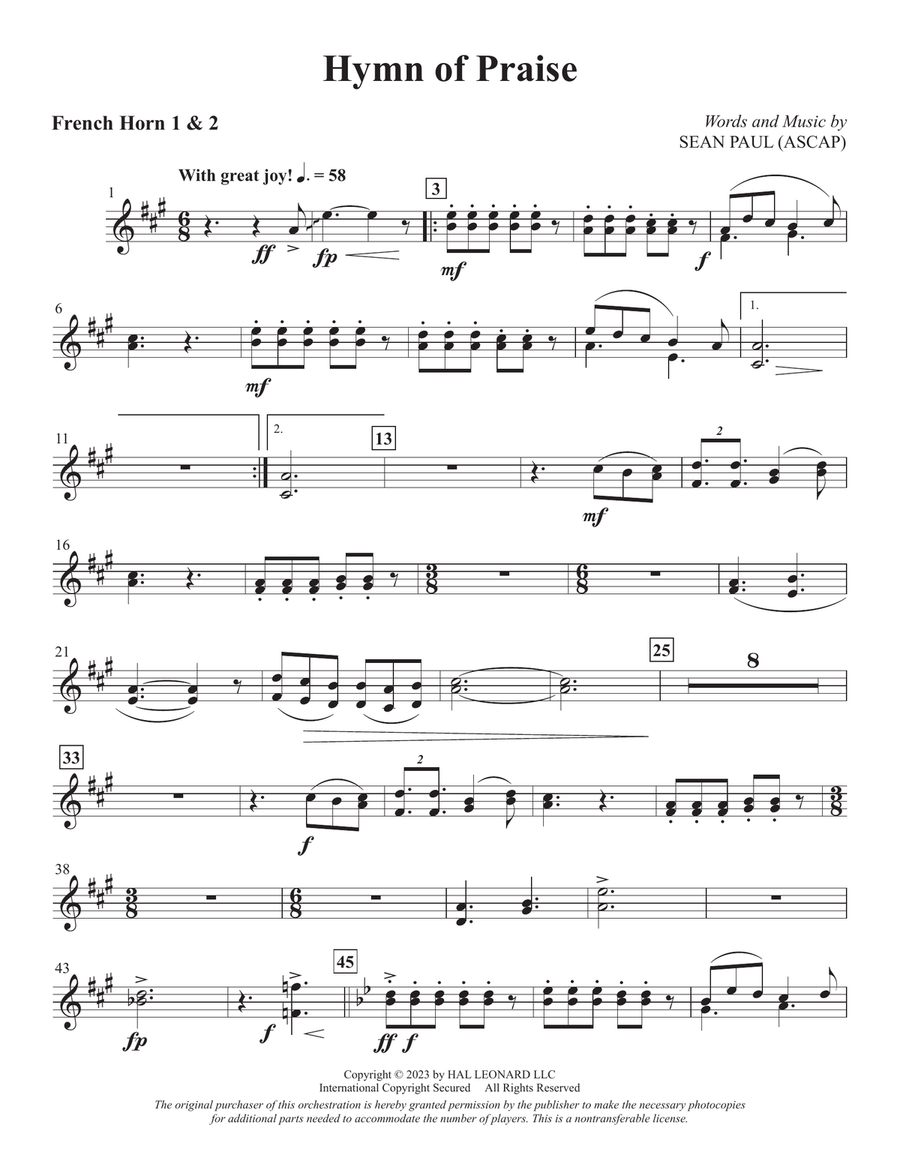 Hymn Of Praise - Horn 1 & 2 Choir scores gallery preview page 1