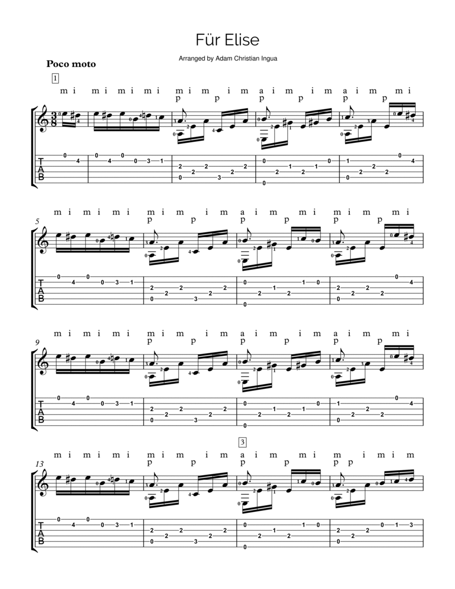 Fur Elise arranged for Guitar w/ TABS Acoustic Guitar scores gallery preview page 1