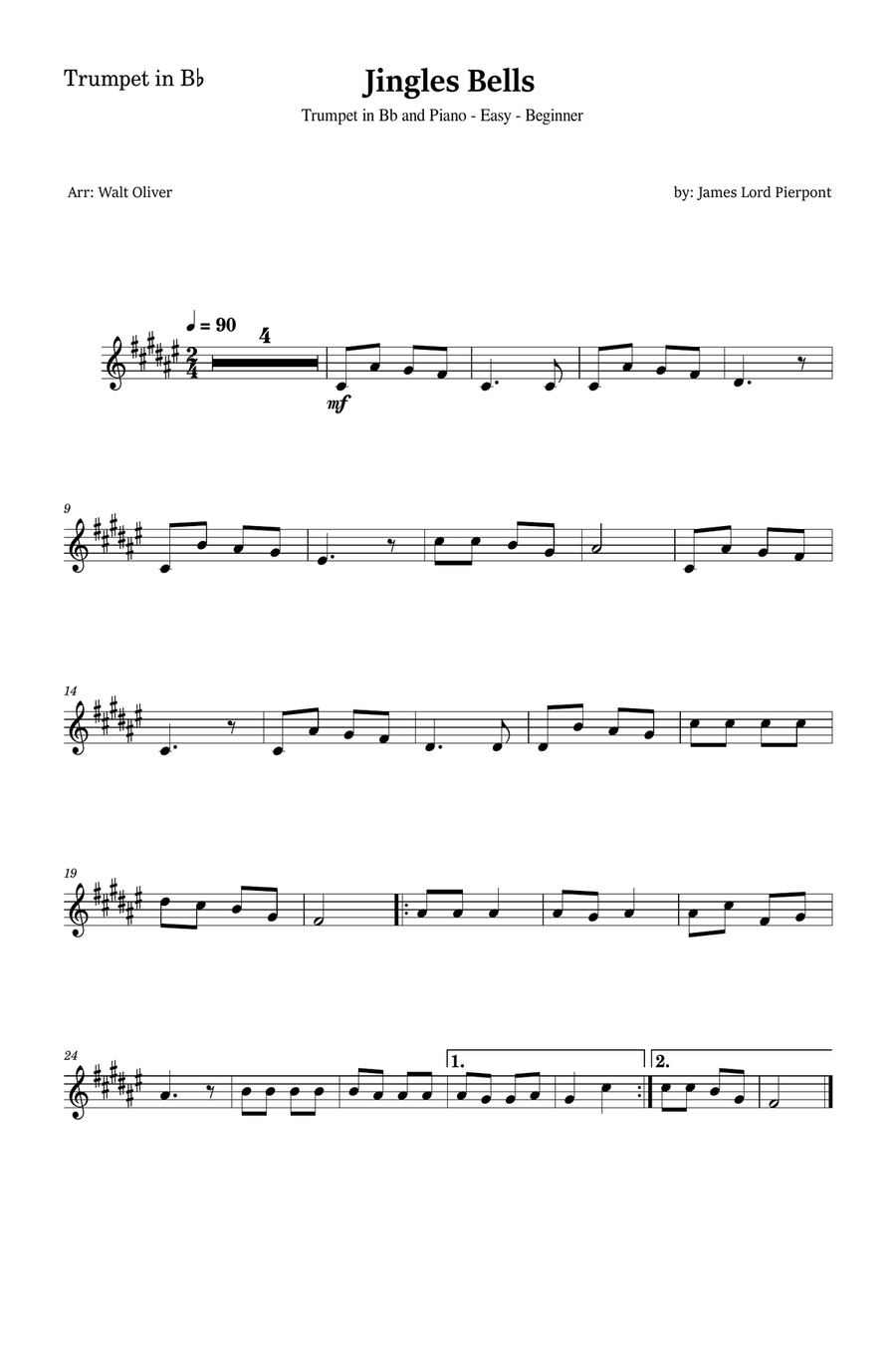 Jingle Bells for Trumpet and Piano (Easy - Beginner) B-Flat Trumpet scores gallery preview page 3